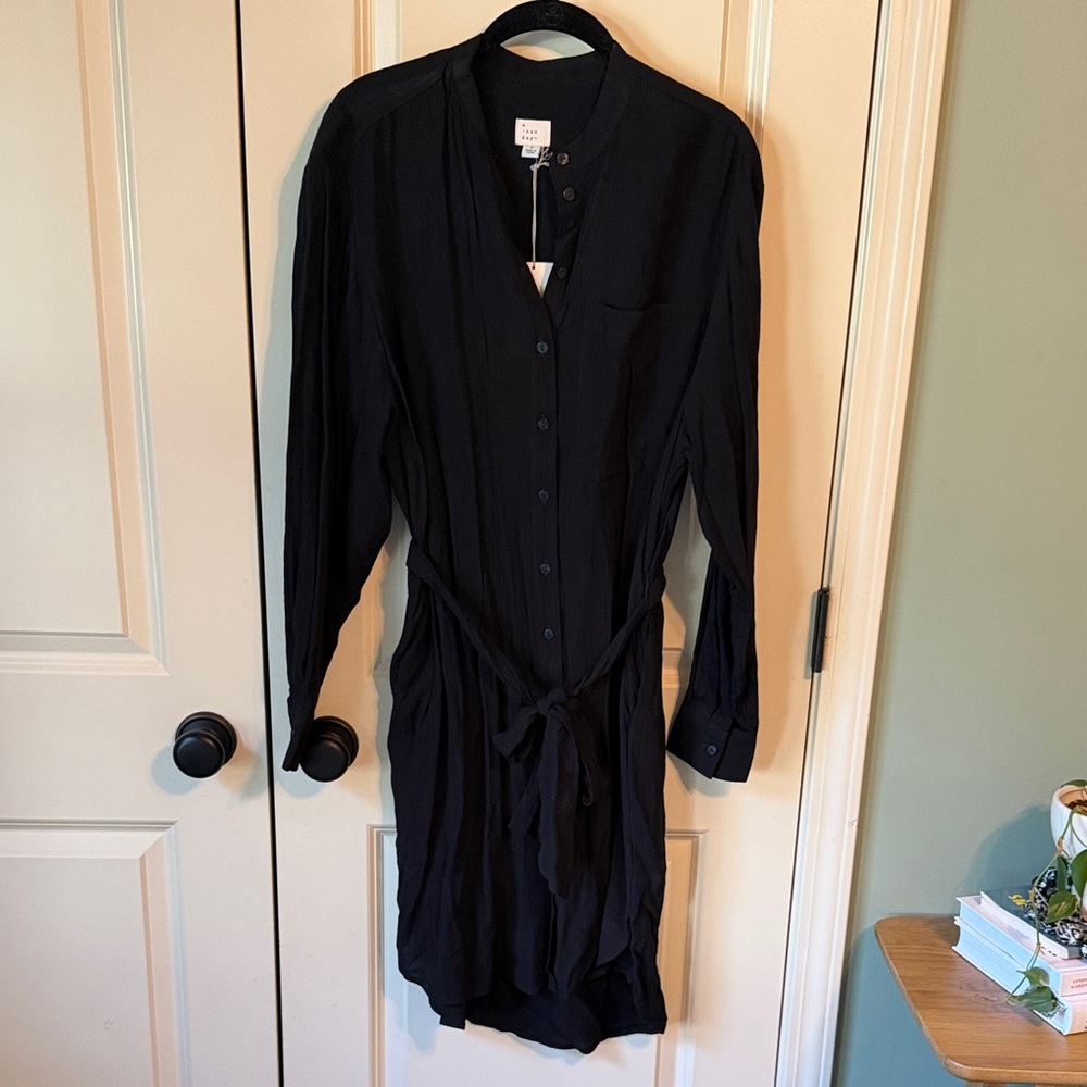 a new day Black Long-Sleeve Button Shirt Dress with Tie